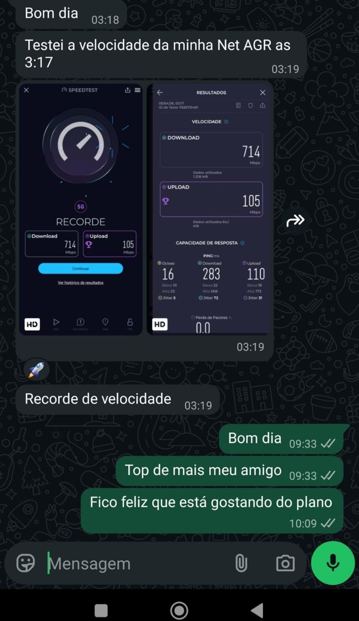 Teste de velocidade de cliente AtivaNet com 714 Mbps de download