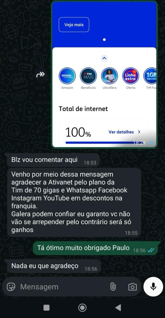 Cliente agradecendo pelo plano TIM contratado com a AtivaNet